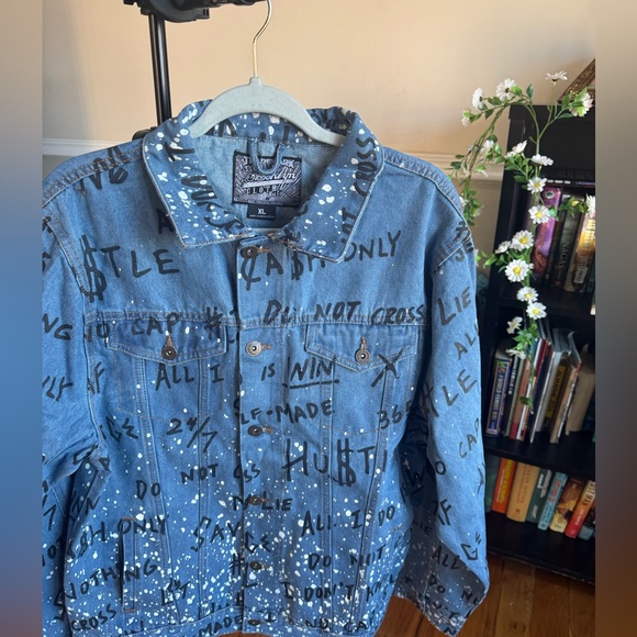 Brooklyn Cloth Blue Denim Jacket Black Graffiti Style text&white paint splatter - Picture 7 of 11
